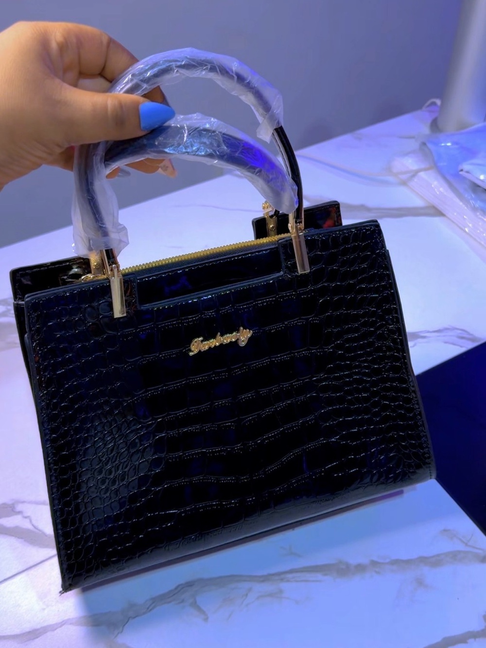 Croc-Embossed Black Top-Handle Satchel with Gold Accents